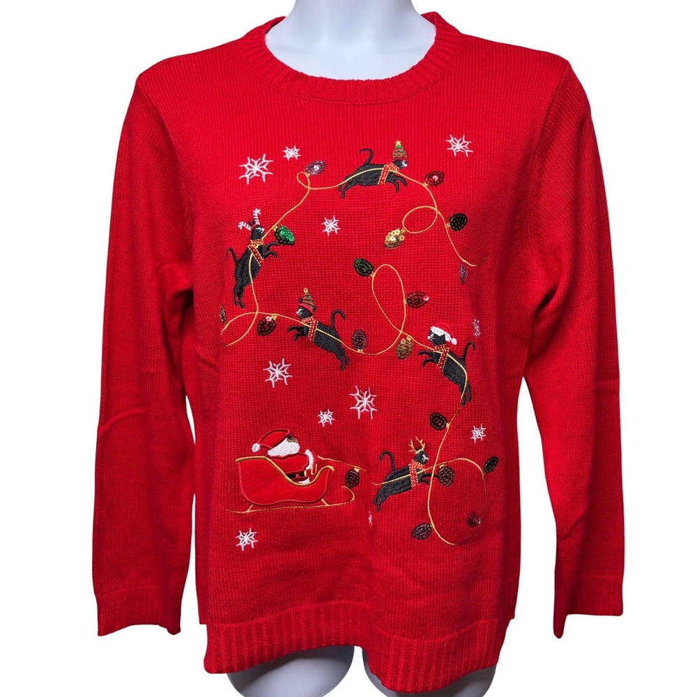 HOLIDAY LANE Womens Red Sweater XXL Ugly Christmas Cat Lover Santa Sequin Kitsch